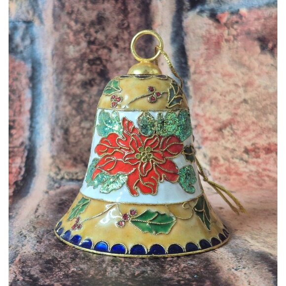 NWT Vintage Home for the Holidays Cloisonne Christmas Bell Poinsette & Holly Dec - Picture 8 of 9
